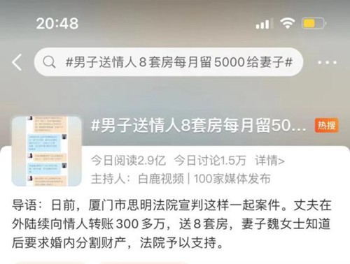 男子送情人8套房每月留5000给妻子 妻子要求婚内分割财产获法院支持